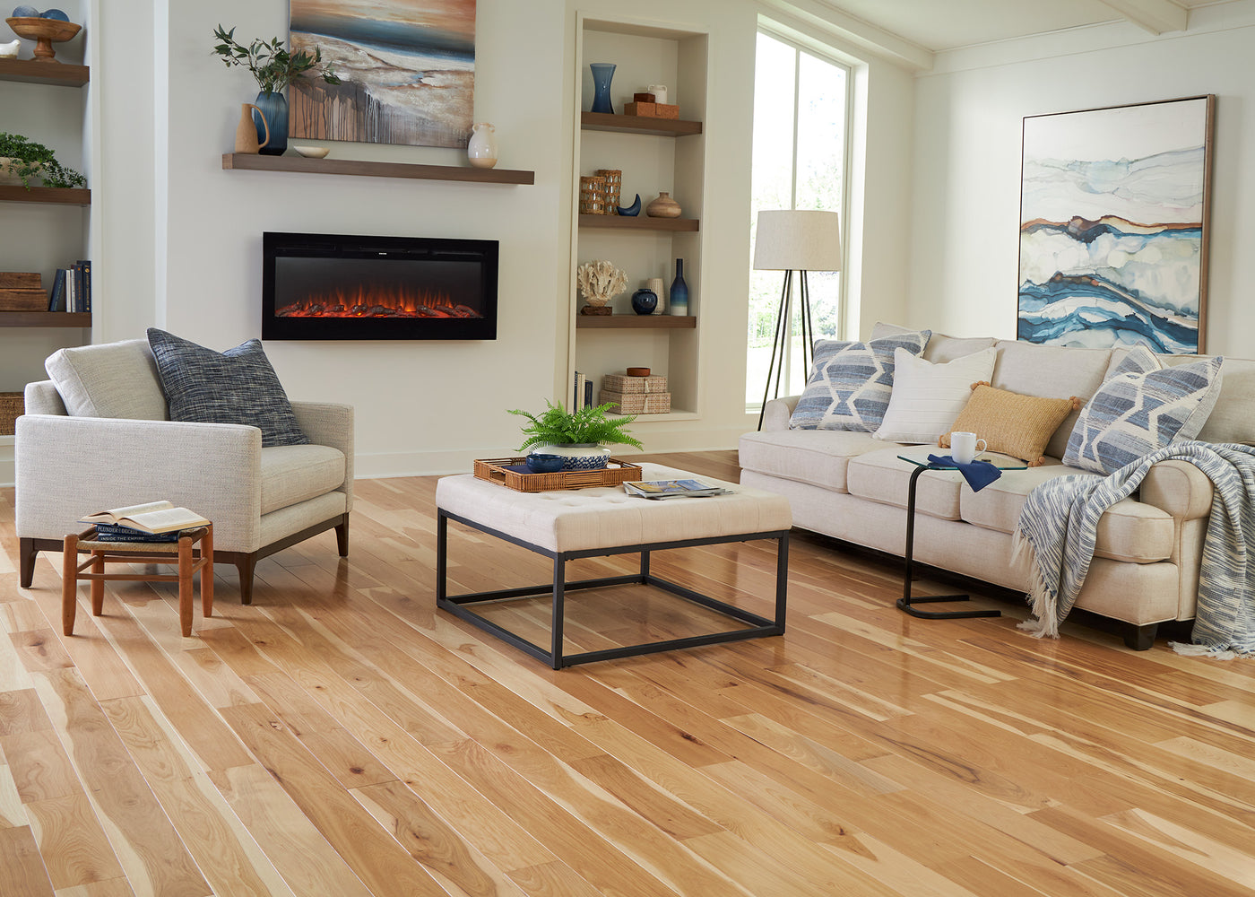 Living room with Bellawood Natural Hickory Prefinished Solid Hardwood Flooring