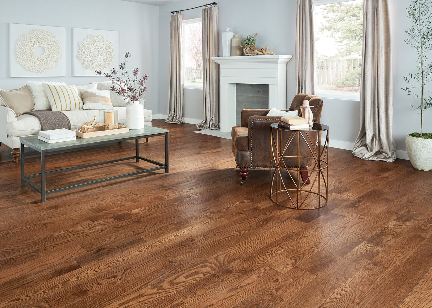 Living room withe Bellawood Kensington Oak Distressed Solid Hardwood Flooring