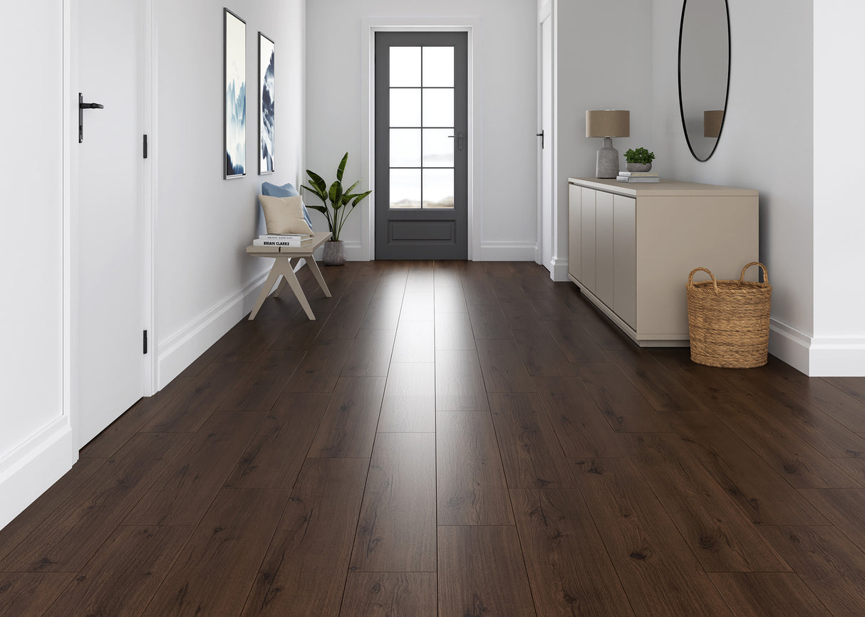 12mm w/ 2mm pad Whiskey Barrel Oak Water-Resistant Laminate Flooring 8.03 in. Wide x 48 in. Long