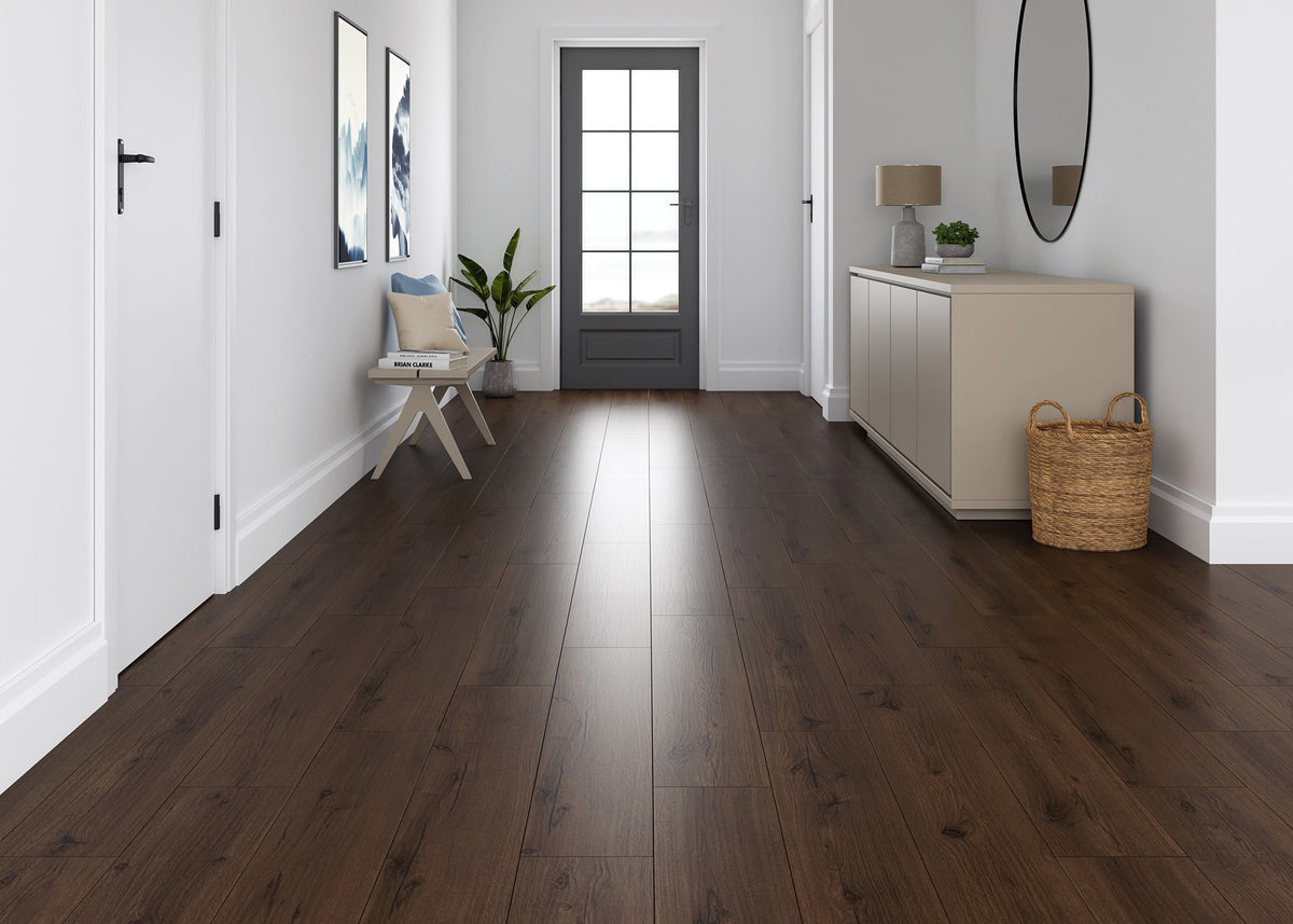 12mm w/ 2mm pad Whiskey Barrel Oak Water-Resistant Laminate Flooring 8.03 in. Wide x 48 in. Long