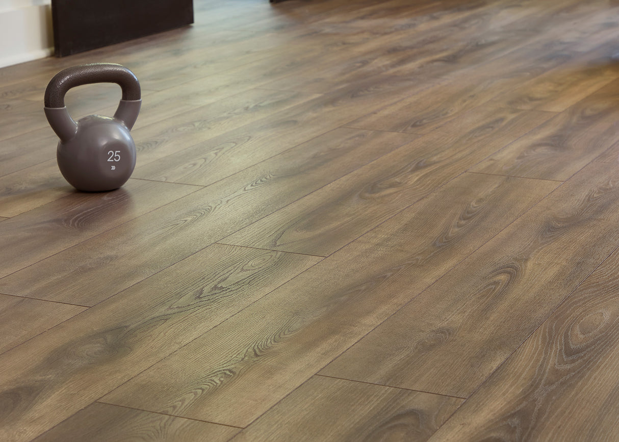 12mm Almond Crate Oak w/pad Water-Resistant Laminate Flooring 7.48 in. Width x 50.6 in. Length