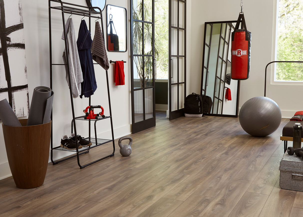 12mm Almond Crate Oak w/pad Water-Resistant Laminate Flooring 7.48 in. Width x 50.6 in. Length
