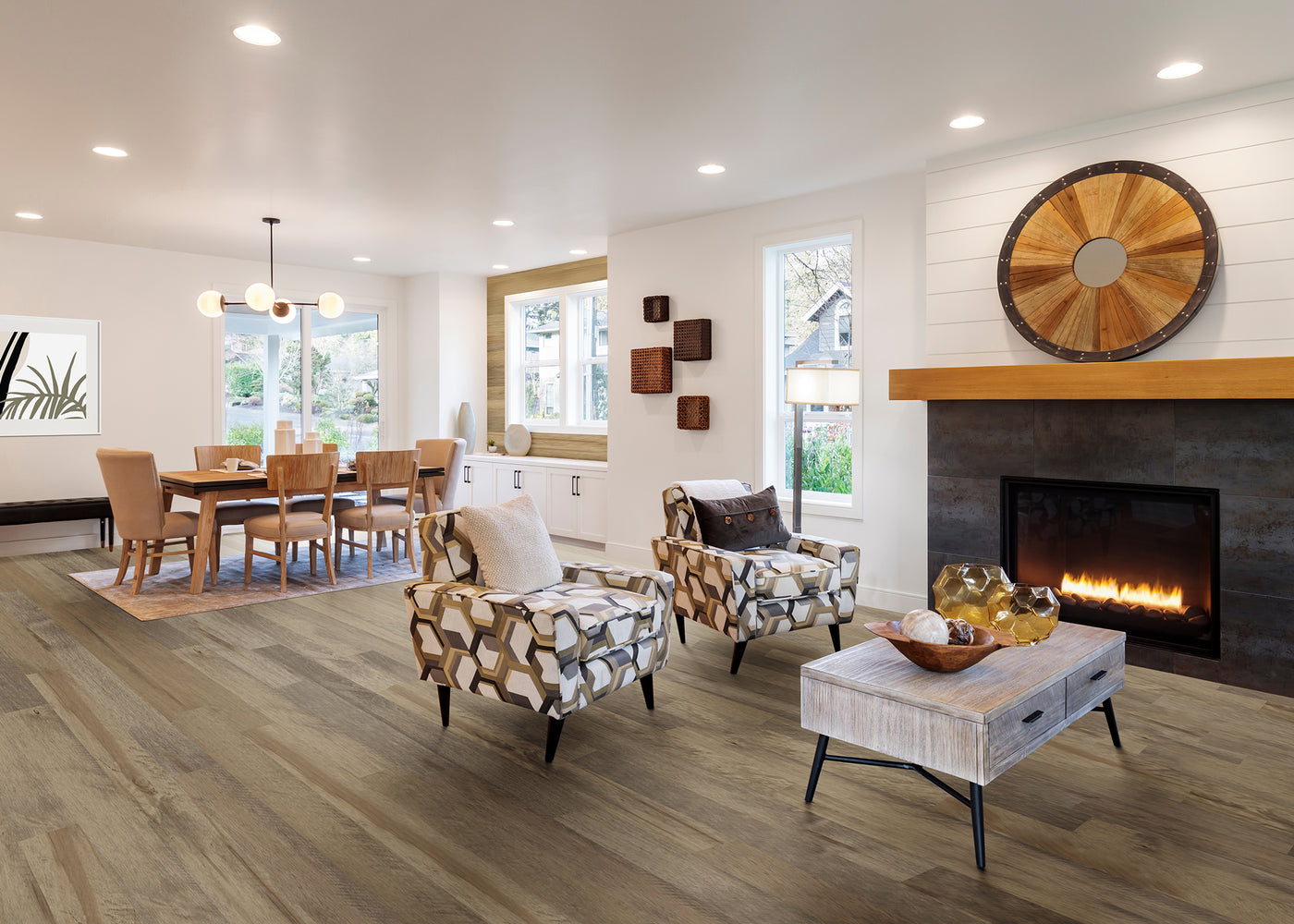 9/16 inch x 7-1/2 inch Bellawood Rattan Maple Engineered Hardwood Flooring installed in an open concept home.