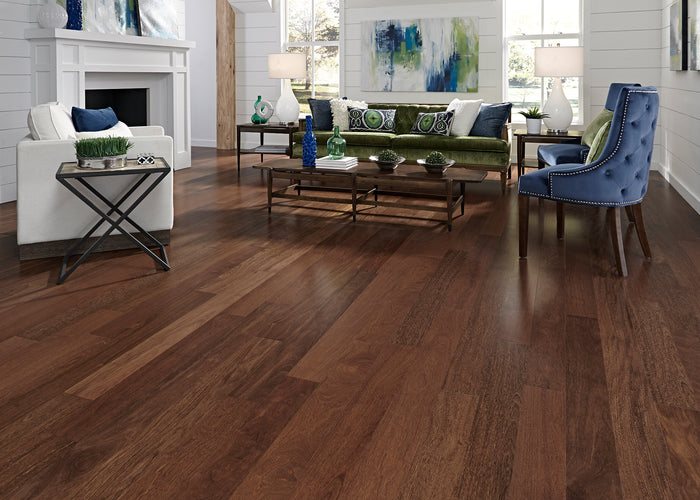 1/2 inch x 5-1/8 inch Bellawood Brazilian Chestnut Engineered Hardwood Flooring installed in a living room.