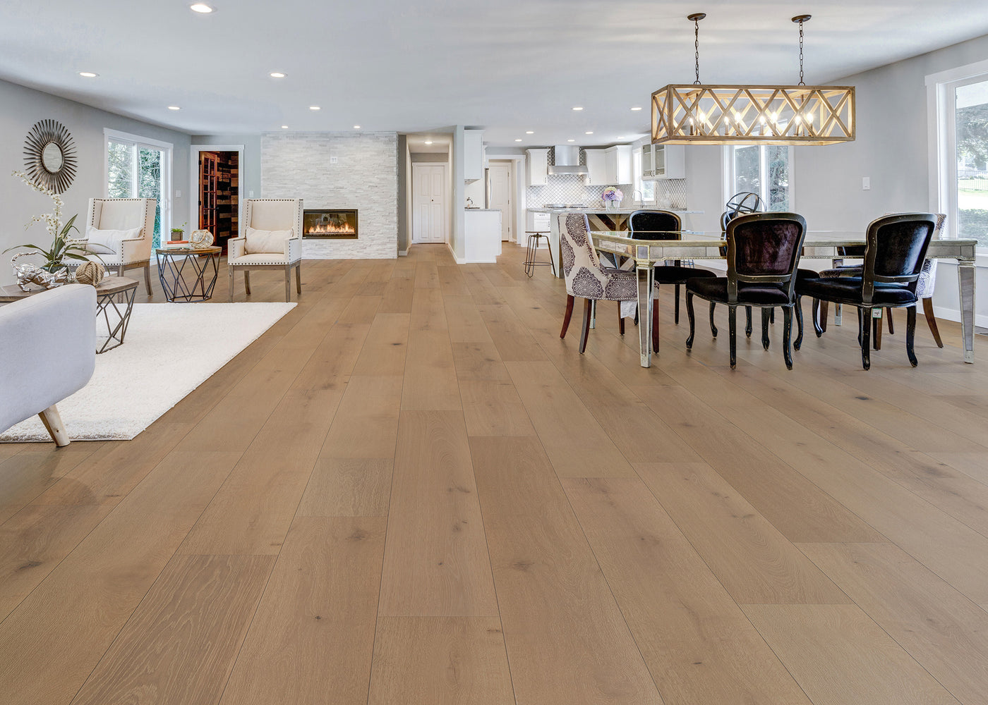 5/8 inch x 9.5 inch Bellawood Tarpon Bay White Oak Engineered Hardwood Flooring installed in a open floor concept home.