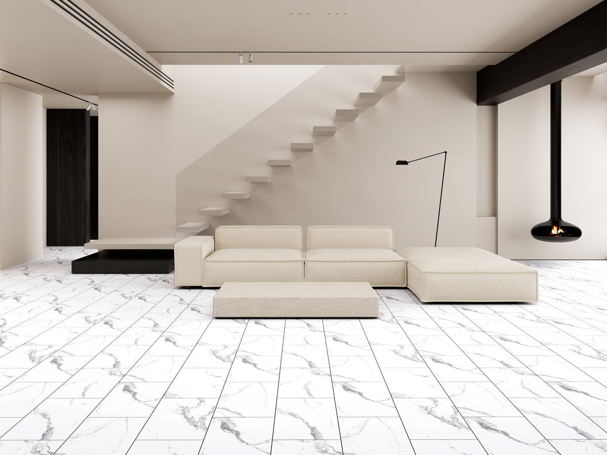 6.5mm w/pad Calacatta Marble Waterproof Rigid Vinyl Tile Flooring 12.2 in. Wide x 24.4 in Length