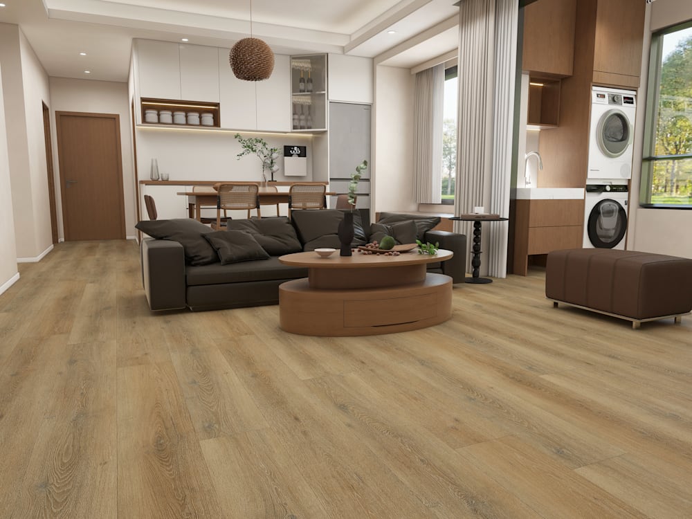 8mm w/ pad Sandpiper Sails Oak Waterproof WPC Vinyl Plank Flooring 9 in. Wide x 72 in. Long