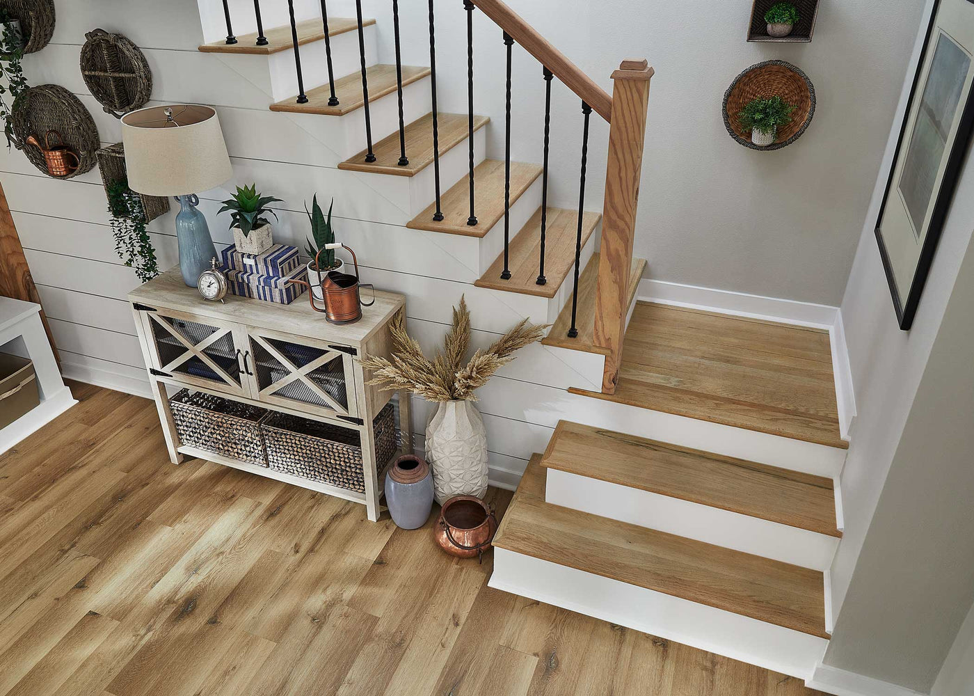 Stairs and landing with Coreluxe 5mm w/pad Woodley Oak Waterproof Rigid Vinyl Plank Flooring