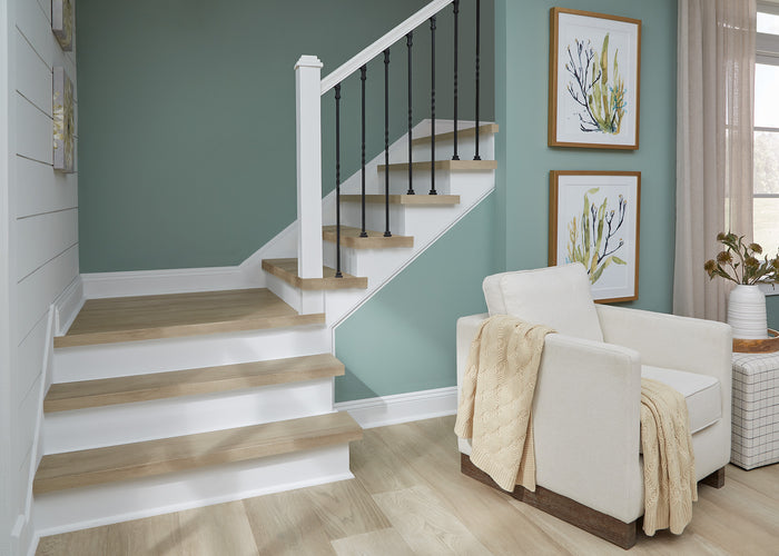 Living room and stairs with Champagne Beach White Oak