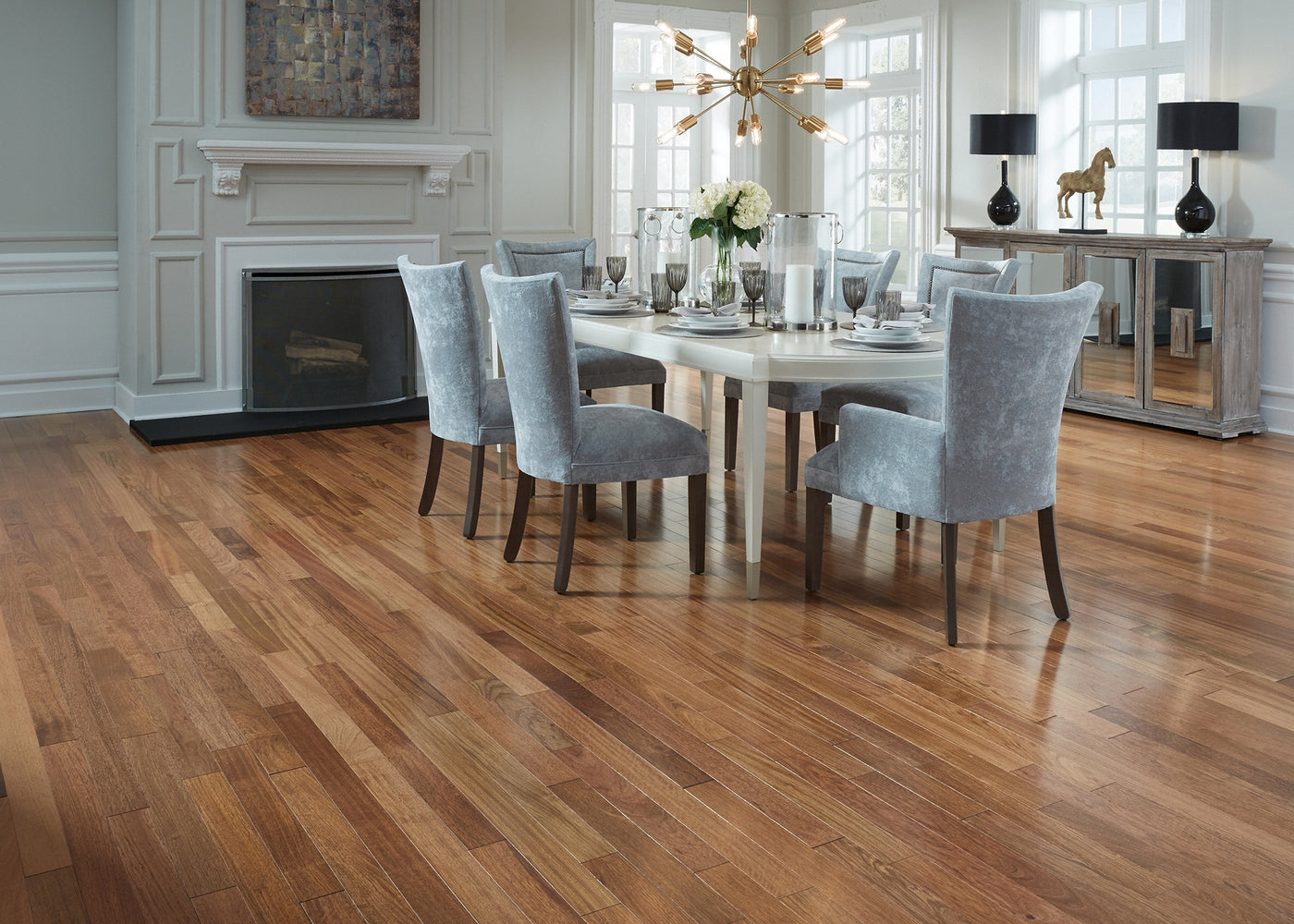 3/4 inch x 3-1/4 inch Bellawood Brazilian Cherry Solid Hardwood Flooring installed in a dinning room.