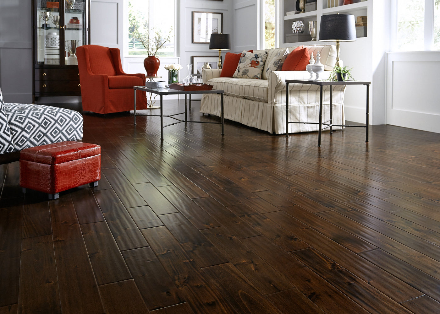3/4 inch x 4-3/4 inch Virginia Mill Works Palm Acacia Solid Hardwood Flooring installed in a living room.