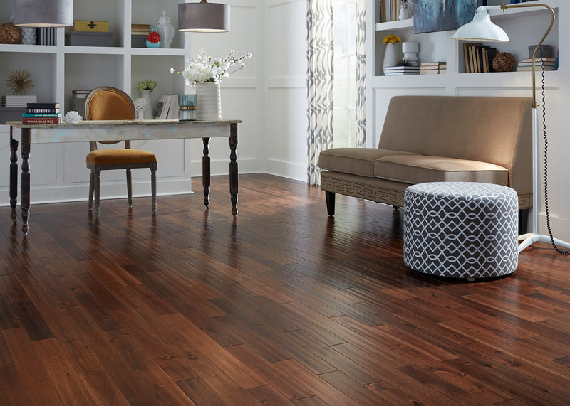 3/4 inch x 3-/4 inch Virginia Mill Works Hazelnut Acacia Distressed Solid Hardwood Flooring installed in a office.