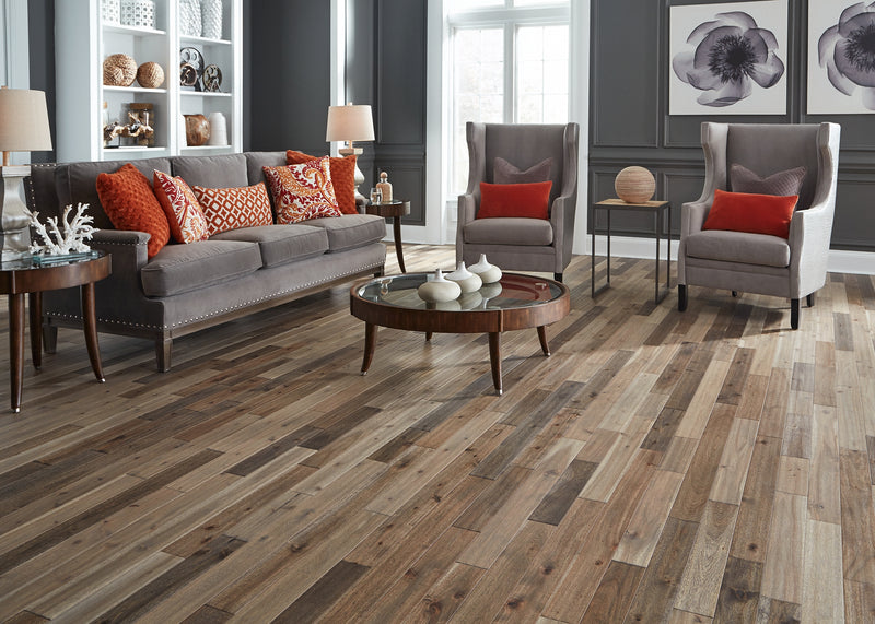 Living room setting featuring Mayflower Bar Harbor Acacia Solid Hardwood flooring