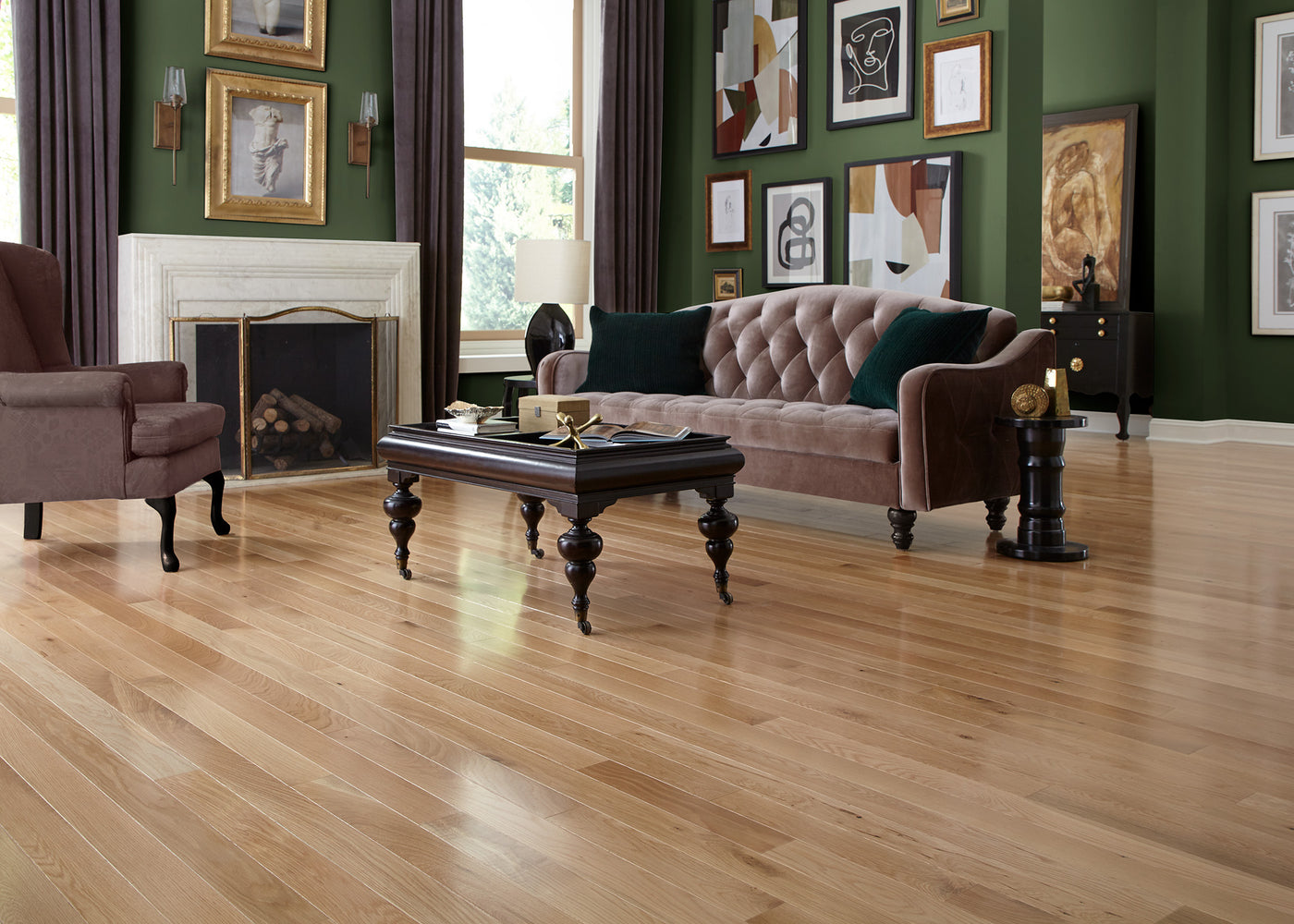 Living room with Bellawood Character White Oak Prefinished Solid Hardwood Flooring