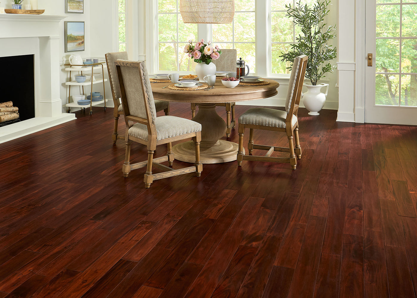3/4" Thick x 4-3/4" Wide Jasper Mahogany Solid Hardwood Installed In A Dinning Room