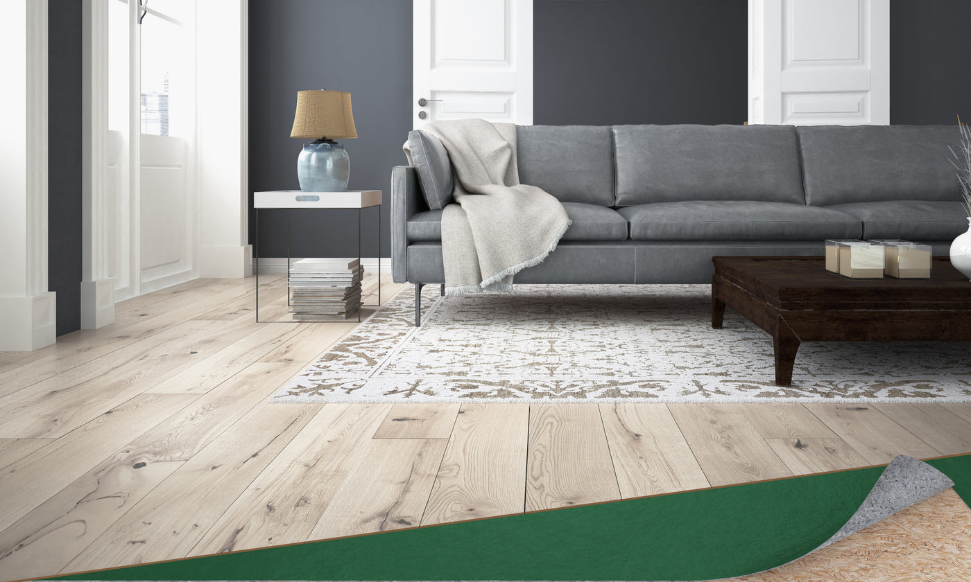 Living room with hard surface flooring and underlayment underneath