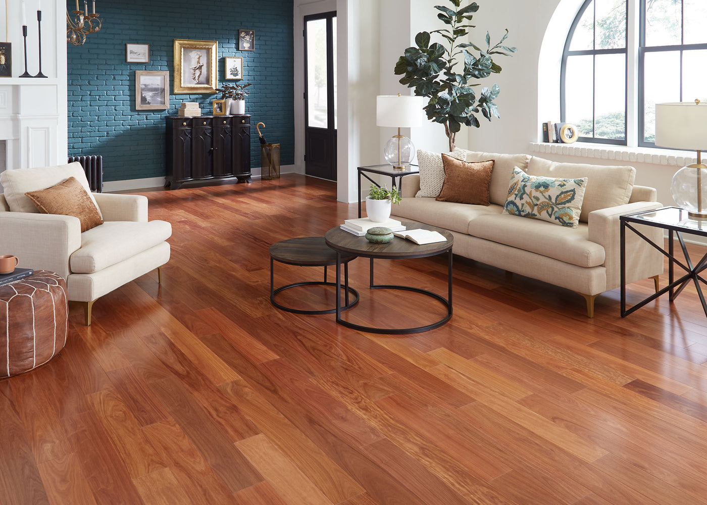 Living room and entryway with Bellawood Santos Mahogany Prefinished Engineered Hardwood Flooring