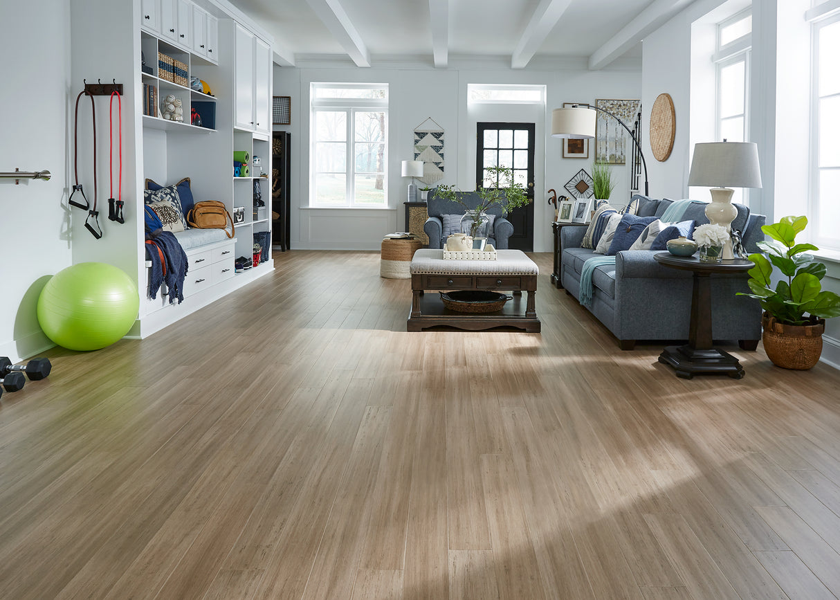 7mm w/pad Toffee Distressed Water-Resistant Strand Engineered Bamboo Flooring 5.11 in. Wide - As-Is - Stack Out - 437.58 Sq. Ft.