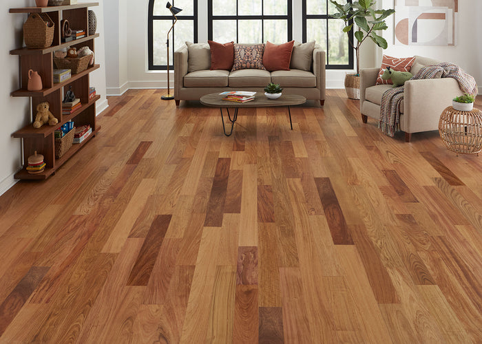 Living room with Bellawood Select Brazilian Cherry Prefinished Engineered Hardwood Flooring