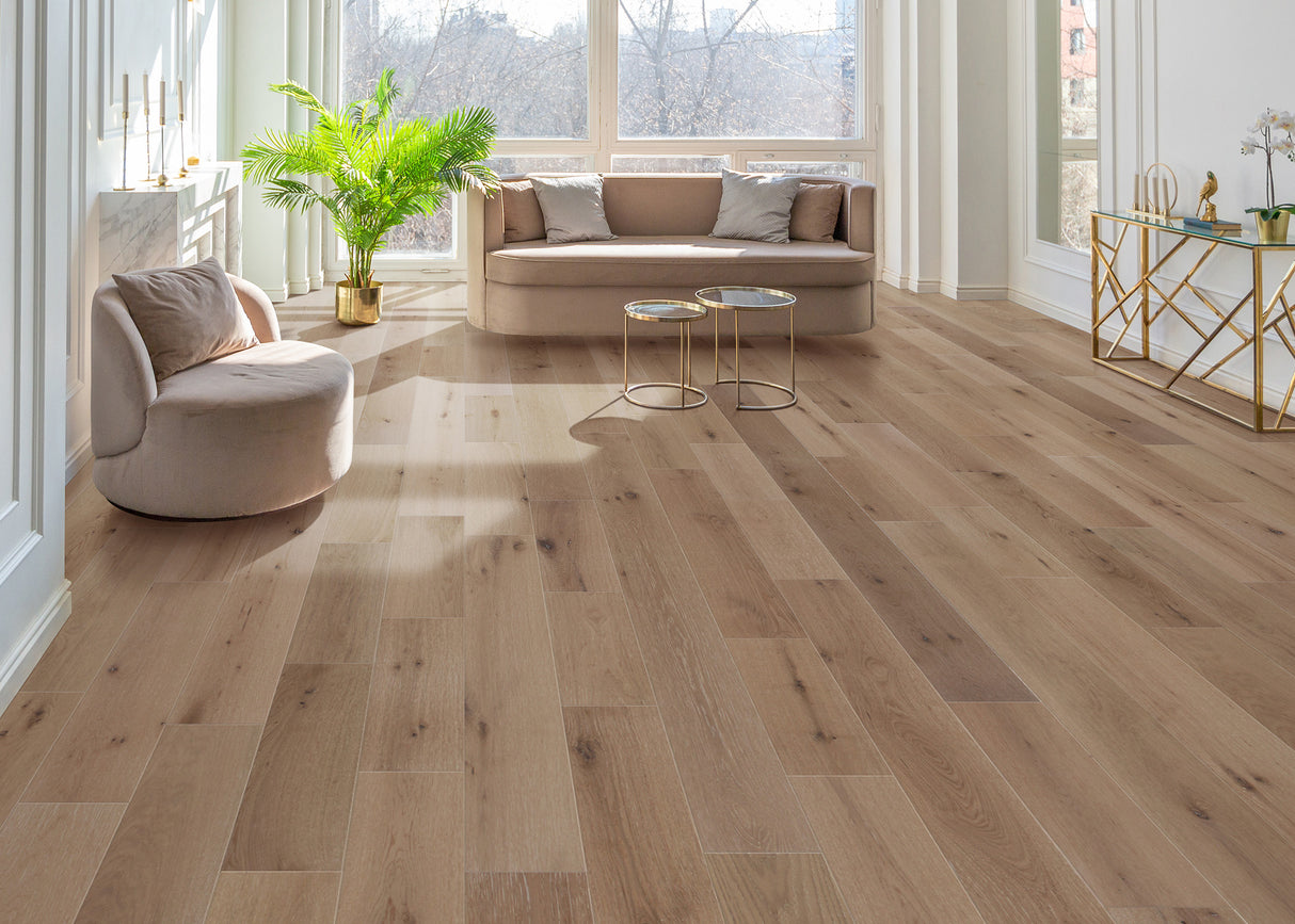 1/2 in. Pearlescent White Oak Wire Brushed Prefinished Engineered Hardwood 7.4 in. Wide
