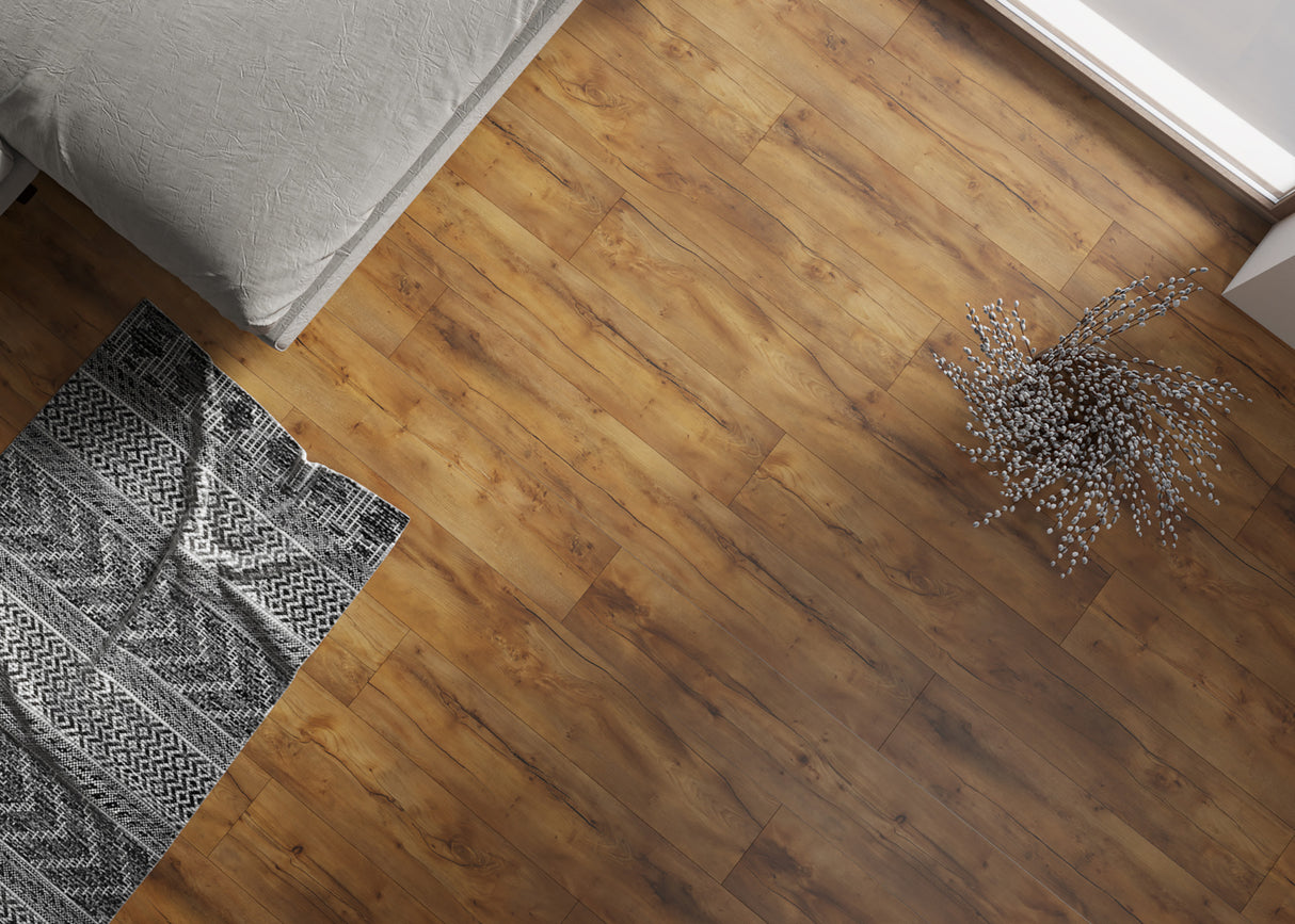 12mm w/ 2mm pad Amber Crest Oak Water-Resistant Laminate Flooring 8.03 in. Wide x 48 in. Long