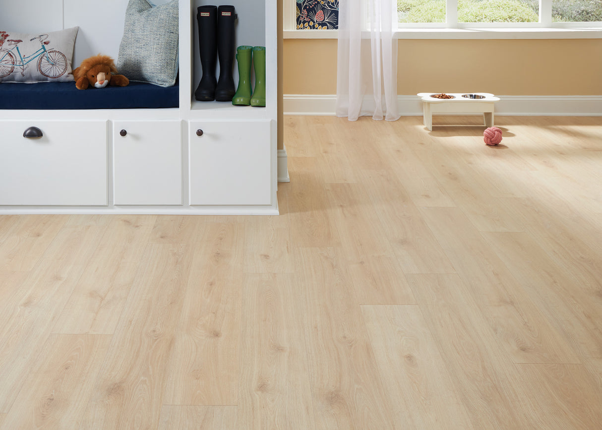 9mm w/pad Magnolia Bridge Oak Water-Resistant Hybrid Resilient Flooring 7.56 in. Wide x 50.63 in. Long