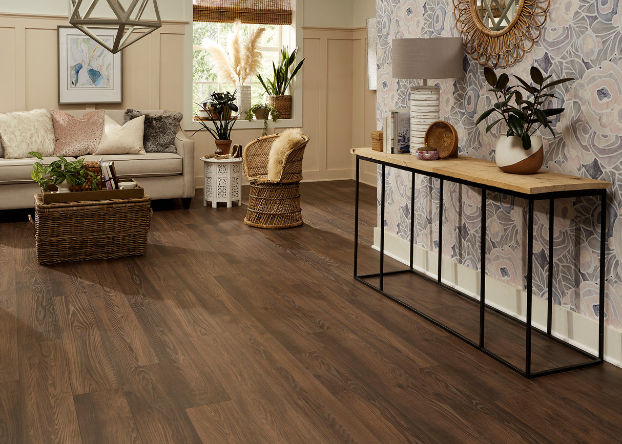 12mm Golden Chestnut w/pad Water-Resistant Laminate Flooring 7.48 in. Width x 50.6 in. Length