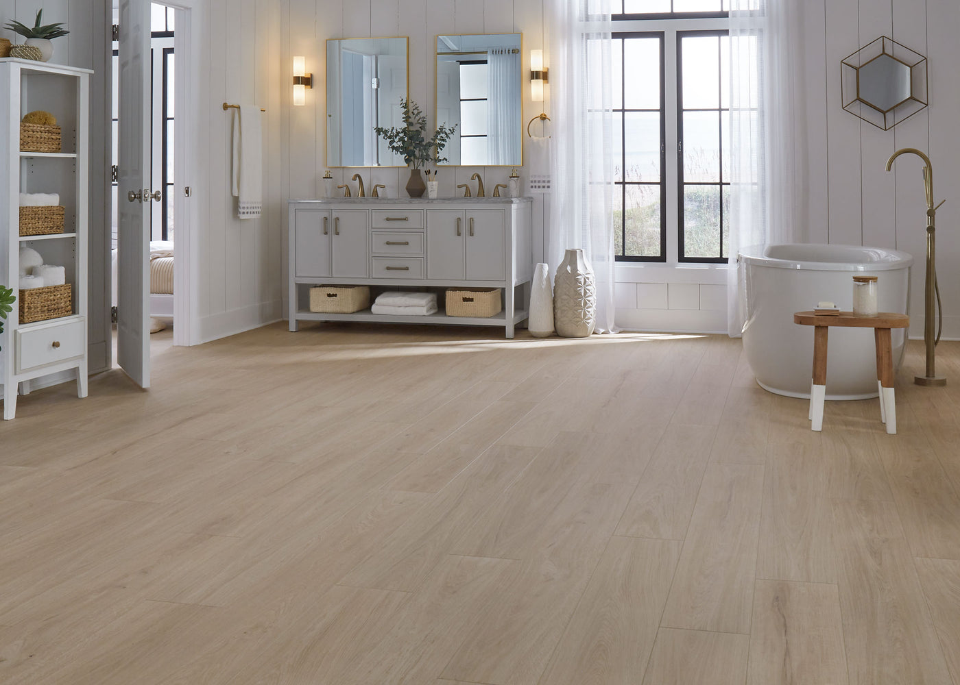 Bathroom with ReNature by Coreluxe Ausburg Oak Waterproof Rigid Vinyl Plank Flooring