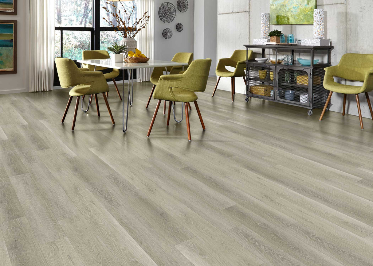 8mm w/ pad Misty Sparrow Oak Waterproof Rigid Vinyl Plank Flooring 9.13 in. Wide x 60 in. Long