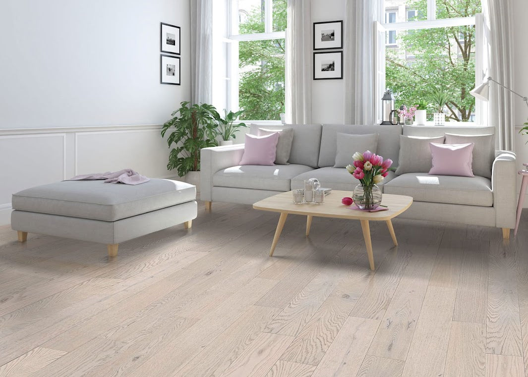 Living room with Warm Ivory Prefinished Engineered Hardwood Flooring