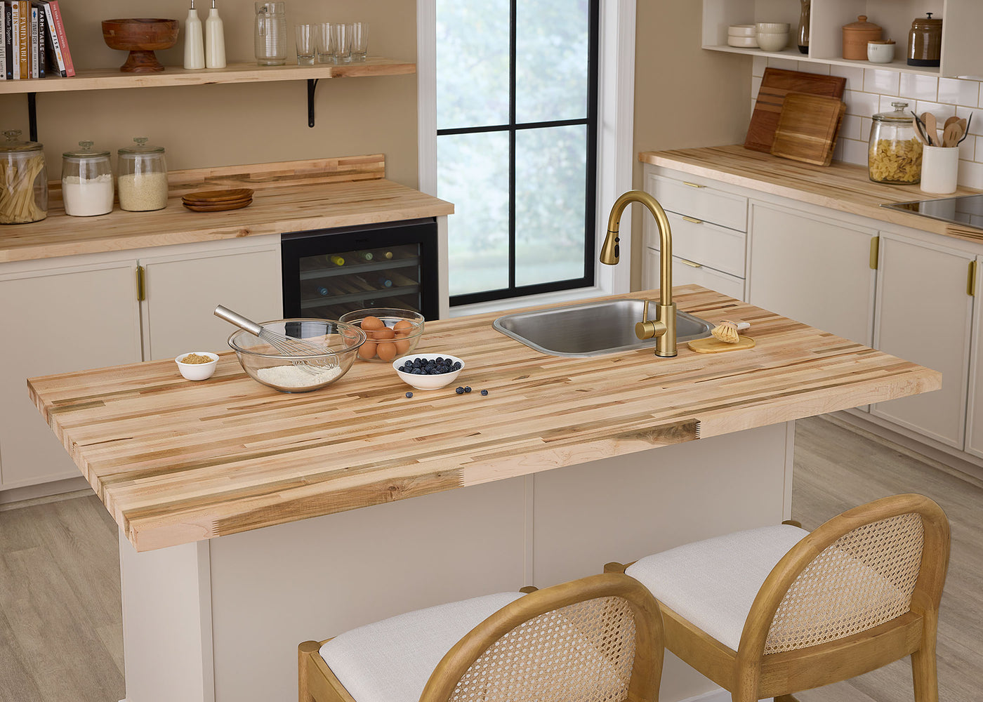 Kitchen with Williamsburg Butcher Block Co Unf. Signature Maple 6 ft. L x 36 in. W x 1-1/2 in. Thick Solid Butcher Block Island Top