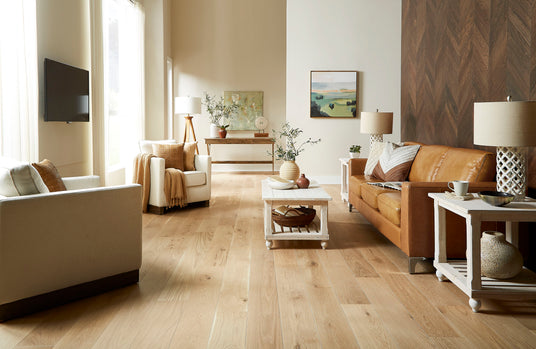 Living room with Bellawood Amsterdam White Oak Prefinished Engineered Hardwood Flooring