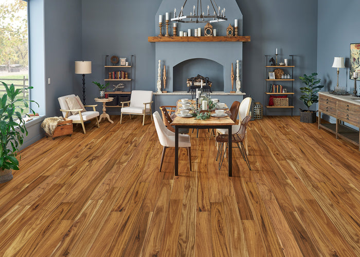 7/16 inch x 4.72 inch Virginia Mill Works Acacia Engineered Hardwood installed in a dining room.