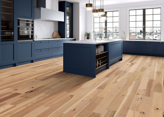 7/16 inch x 5.4 inch Bellawood Matte Hickory Engineered Hardwood Flooring installed in a kitchen.