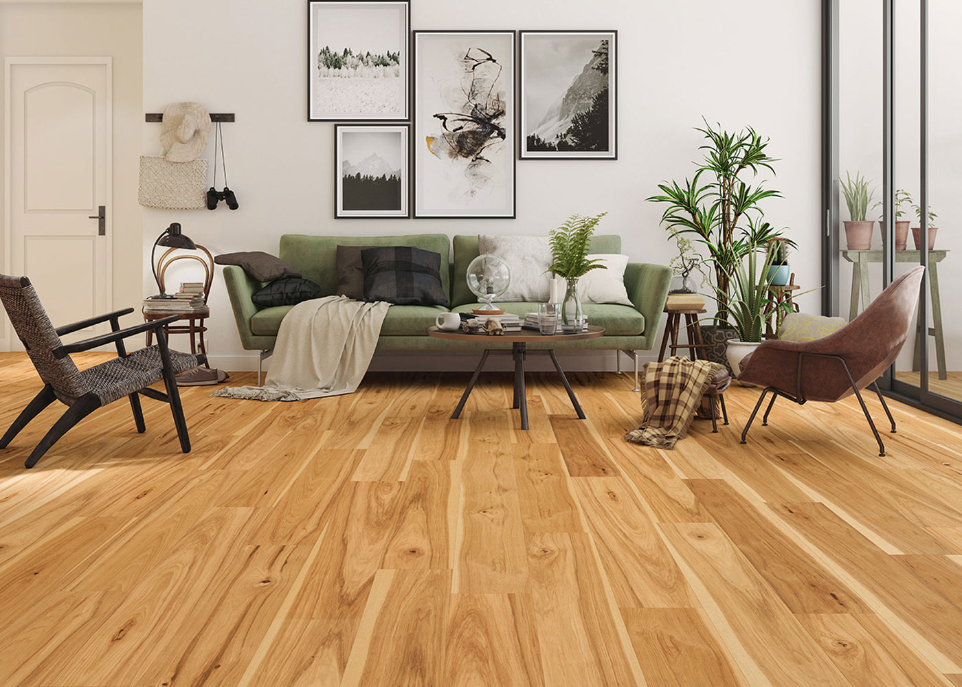 Living room with Duravana 9mm w/pad Honey Falls Hickory Water-Resistant Hybrid Resilient Flooring