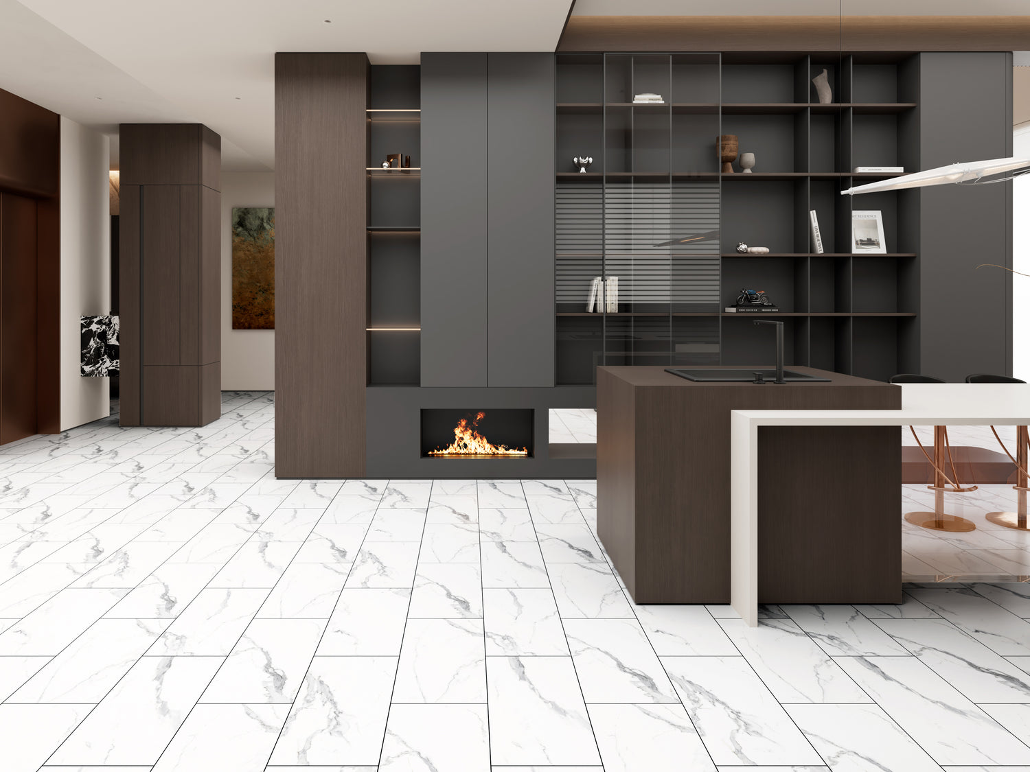6.5mm w/pad Calacatta Marble Waterproof Rigid Vinyl Tile Flooring 12.2 in. Wide x 24.4 in Length