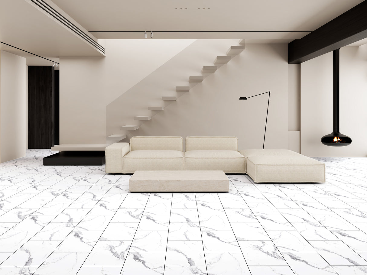6.5mm w/pad Calacatta Marble Waterproof Rigid Vinyl Tile Flooring 12.2 in. Wide x 24.4 in Length