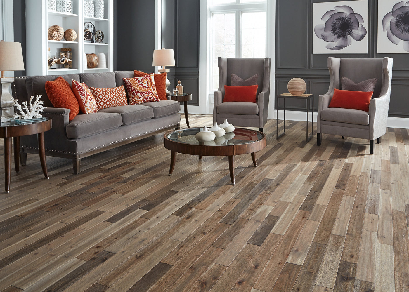 Living room setting featuring Mayflower Bar Harbor Acacia Solid Hardwood flooring