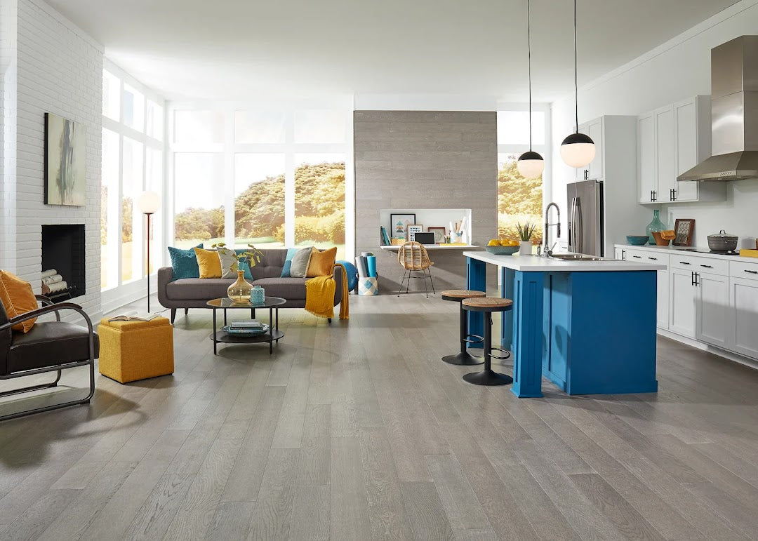 Kitchen and living room with Wind River Oak Distressed Engineered Hardwood Flooring